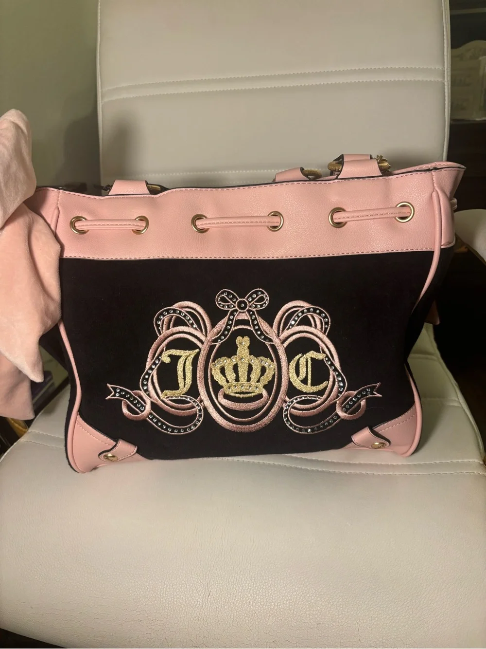 NWT Juicy Couture Pink and Black Terry Tote Crest Embroidery bag charm bag tag